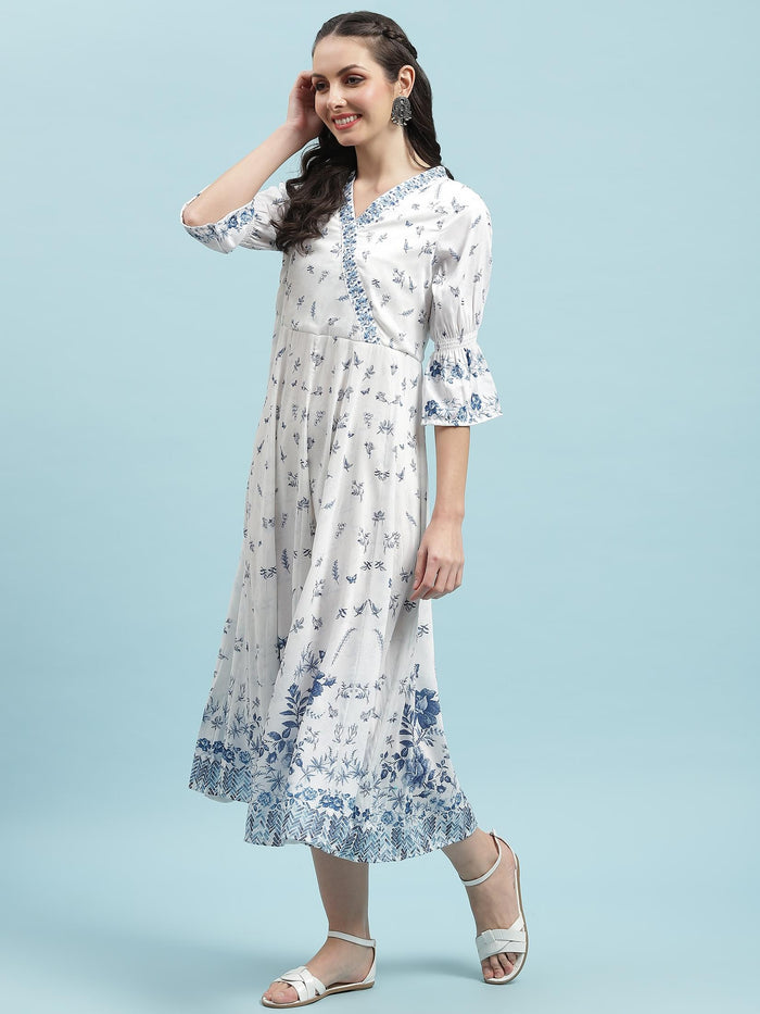 Women White Floral Printed Dress.