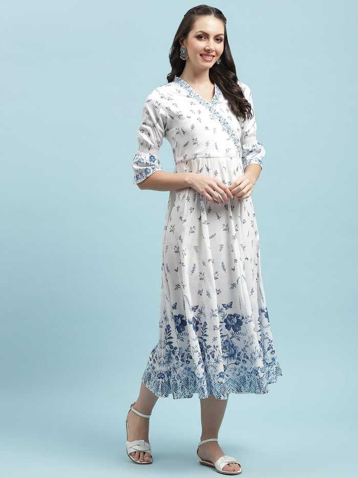Women White Floral Printed Dress.