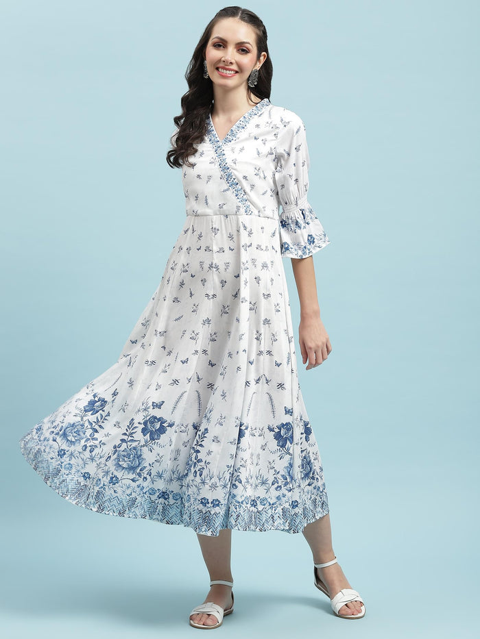 Women White Floral Printed Dress.
