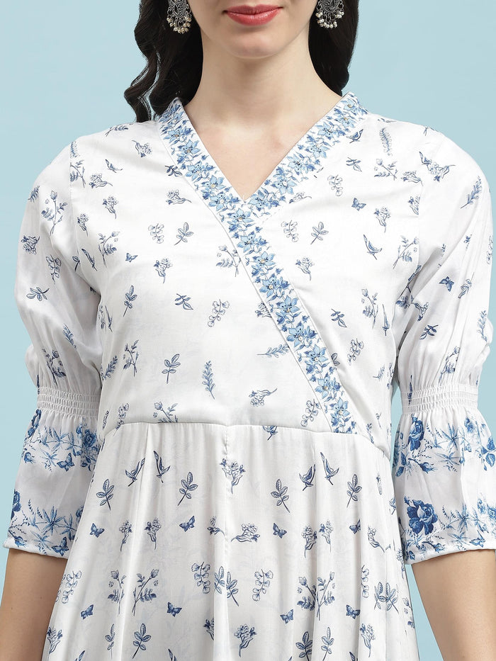 Women White Floral Printed Dress.