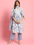Women White Floral Printed Kurta Comfort Pant Dupatta.