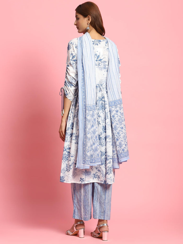 Women White Floral Printed Kurta Comfort Pant Dupatta.