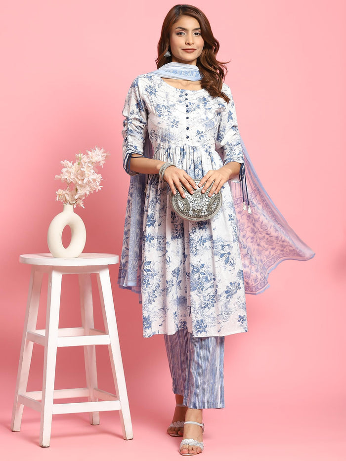 Women White Floral Printed Kurta Comfort Pant Dupatta.