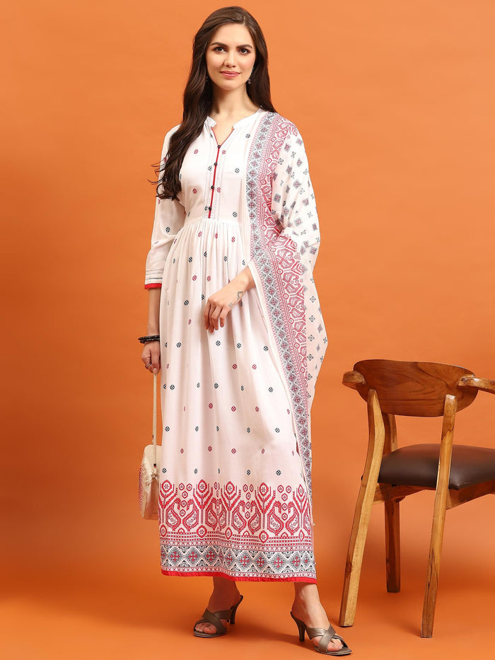 Women White Geometric Printed Dress With Dupatta.