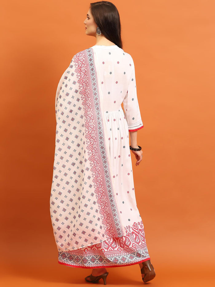 Women White Geometric Printed Dress With Dupatta.