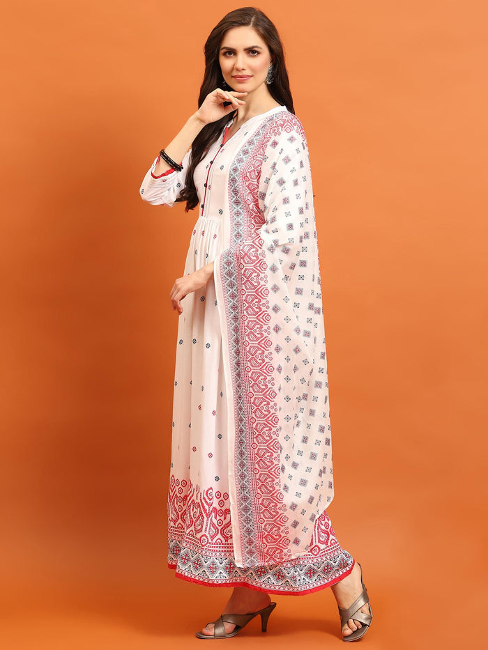 Women White Geometric Printed Dress With Dupatta.