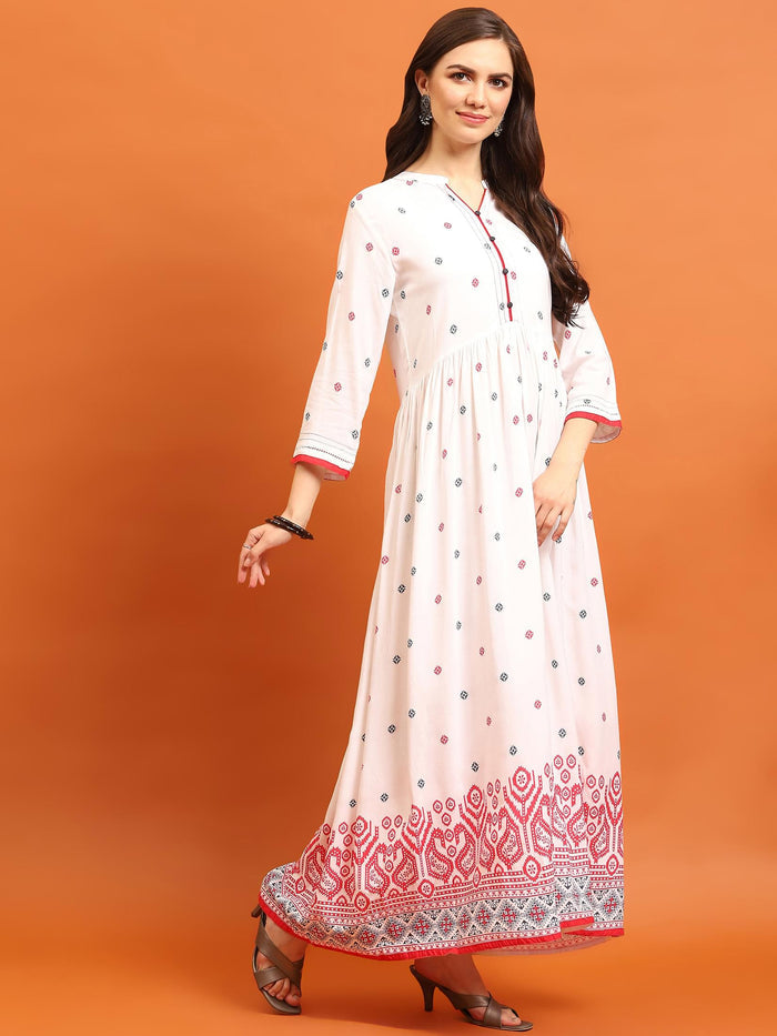 Women White Geometric Printed Dress With Dupatta.