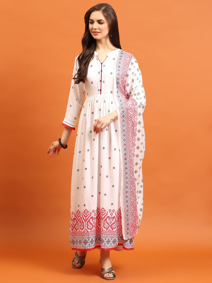 Women White Geometric Printed Dress With Dupatta.