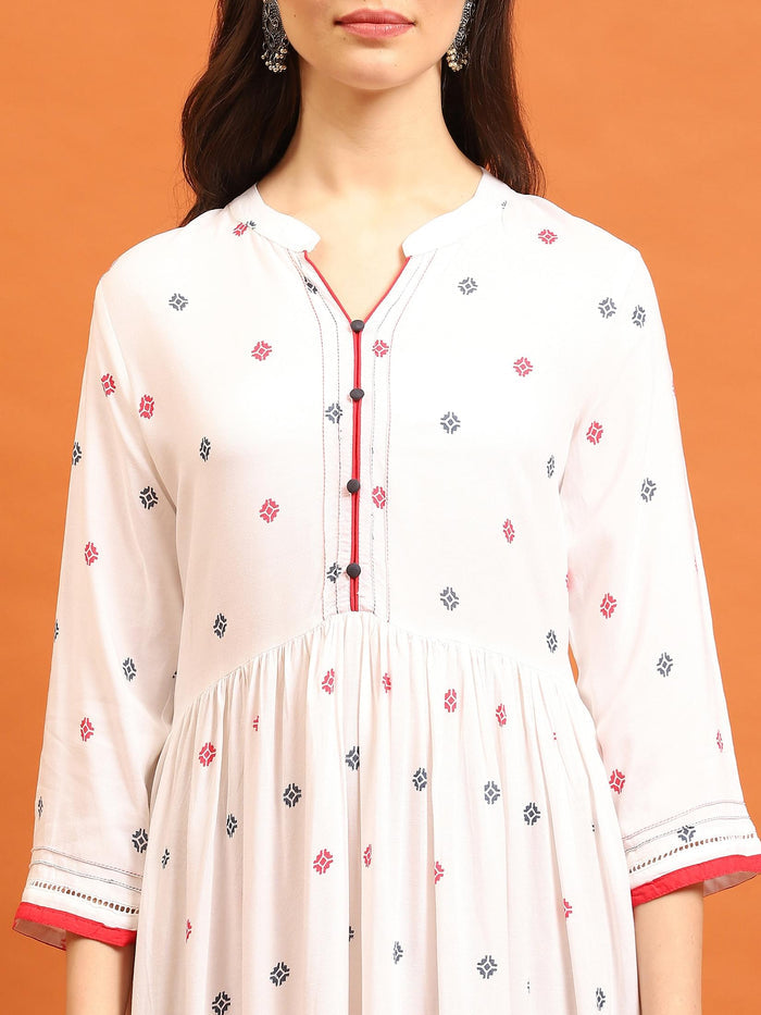 Women White Geometric Printed Dress With Dupatta.