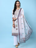 Women White Geometric Printed Kurta Comfort Pant Dupatta.