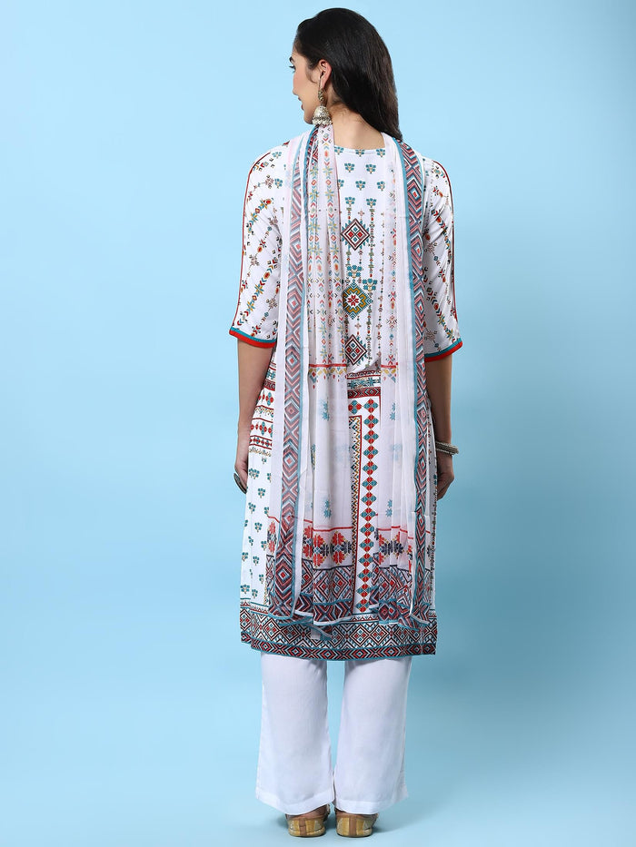 Women White Geometric Printed Kurta Comfort Pant Dupatta.