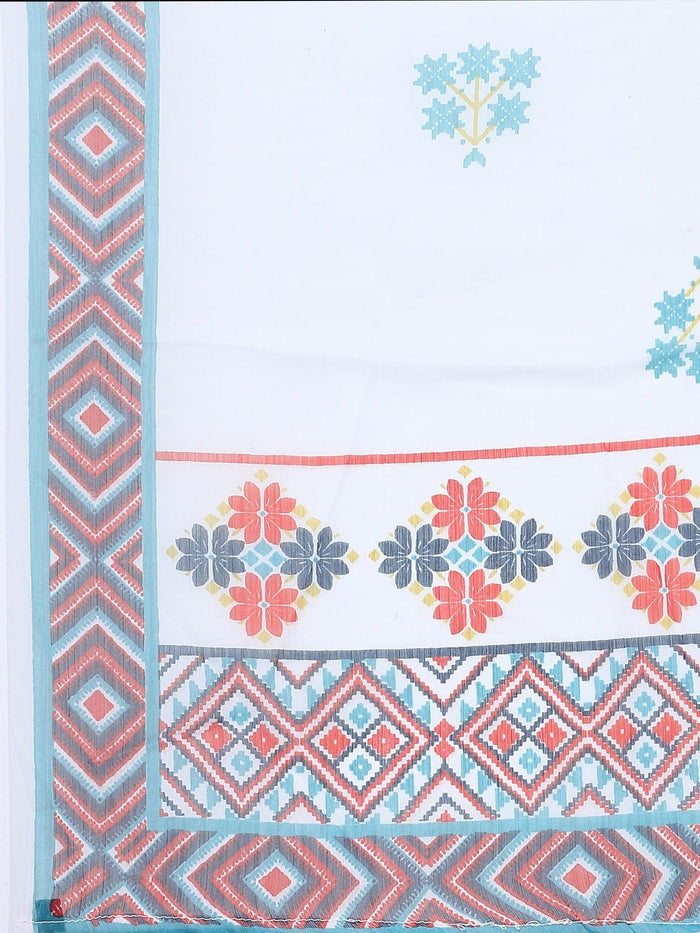 Women White Geometric Printed Kurta Comfort Pant Dupatta.