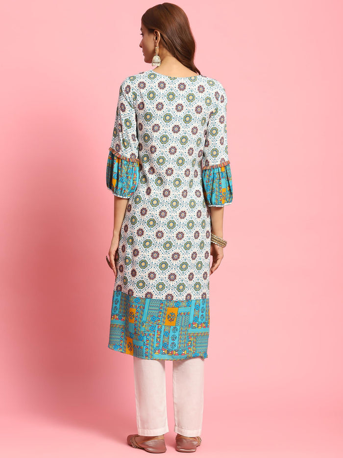 Women White Geometric Printed Kurta.
