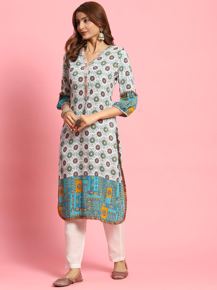 Women White Geometric Printed Kurta.