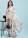 Women White Ornamental Printed Kurta Trouser Dupatta.