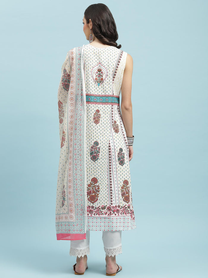 Women White Ornamental Printed Kurta Trouser Dupatta.