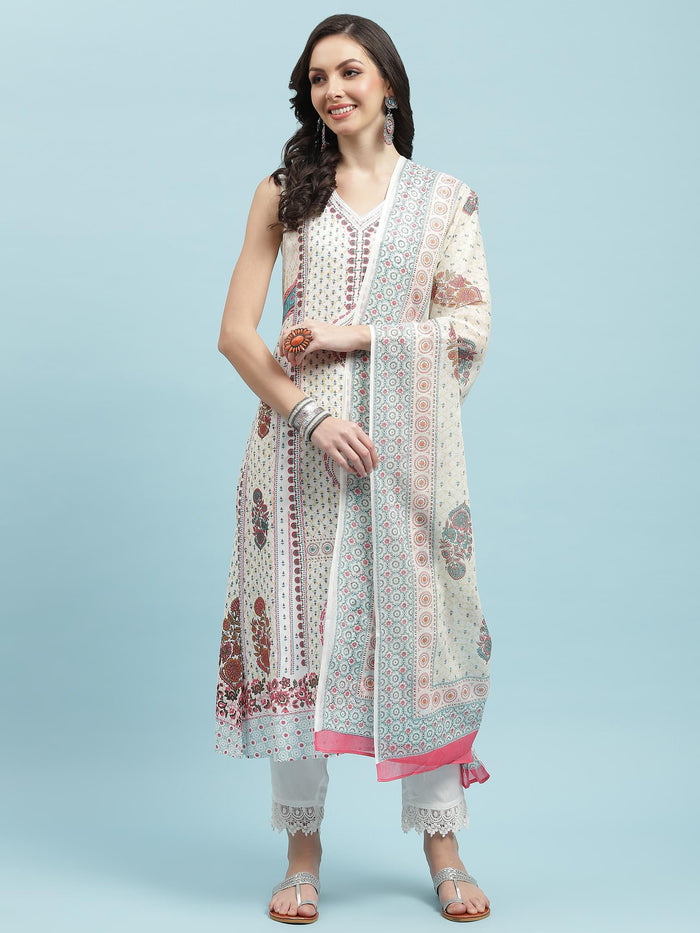 Women White Ornamental Printed Kurta Trouser Dupatta.