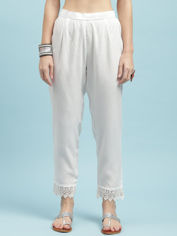 Women White Ornamental Printed Kurta Trouser Dupatta.