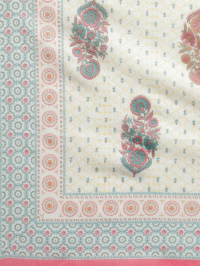 Women White Ornamental Printed Kurta Trouser Dupatta.