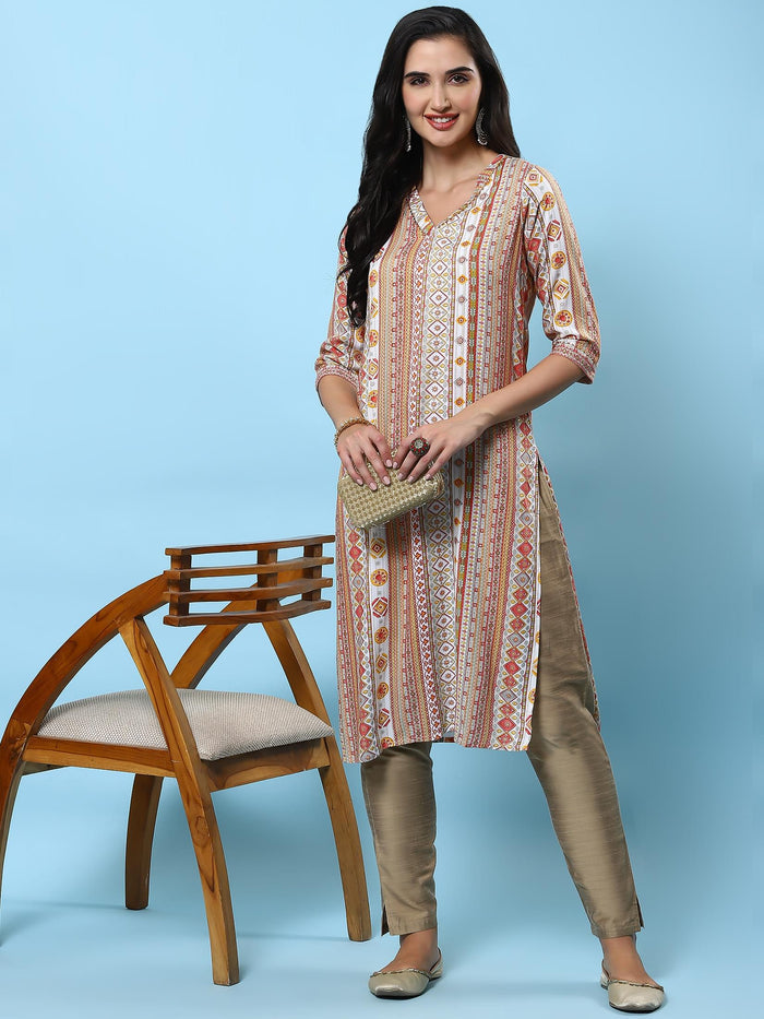 Women White Printed Kurta.