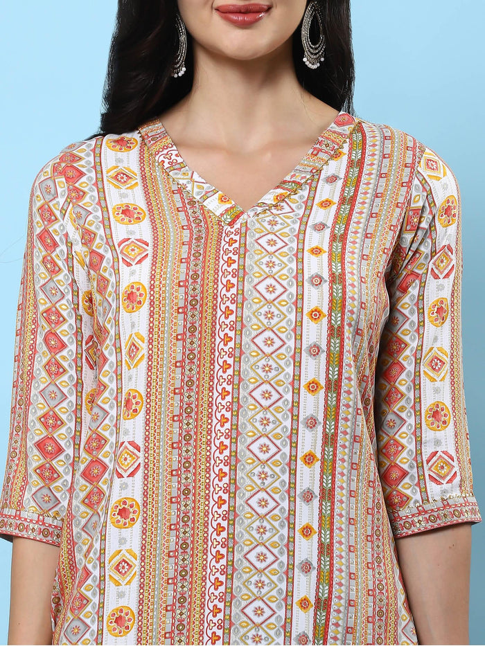 Women White Printed Kurta.