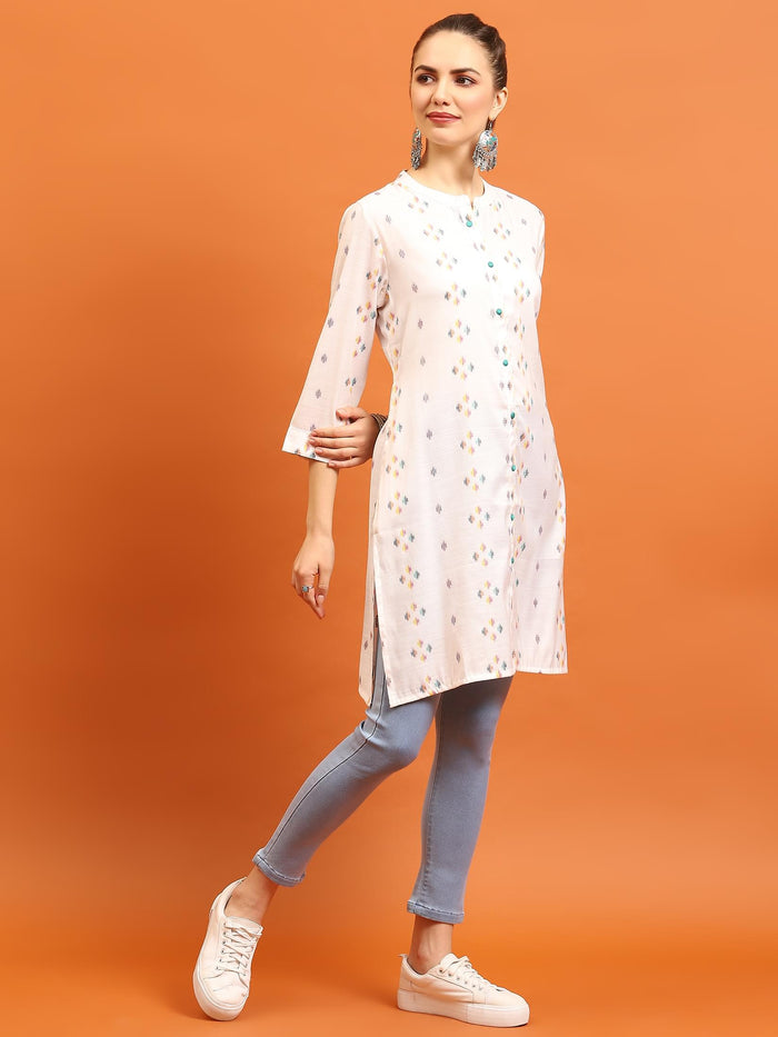 Women White Printed Kurti.
