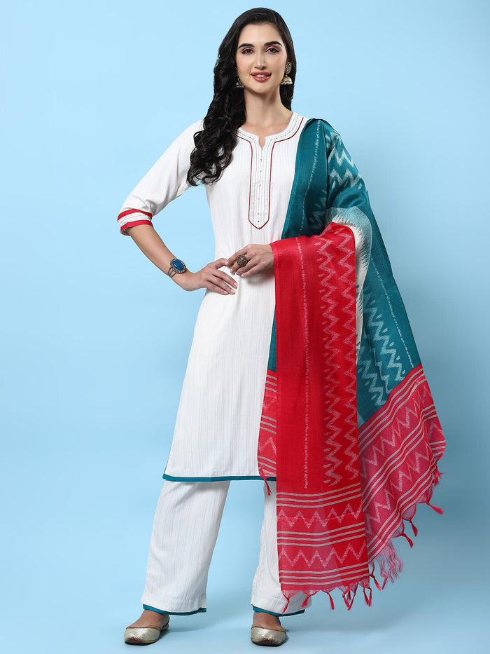 Women White Solid Kurta Comfort Pant Dupatta.