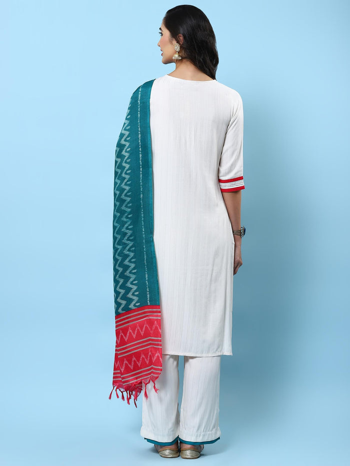 Women White Solid Kurta Comfort Pant Dupatta.