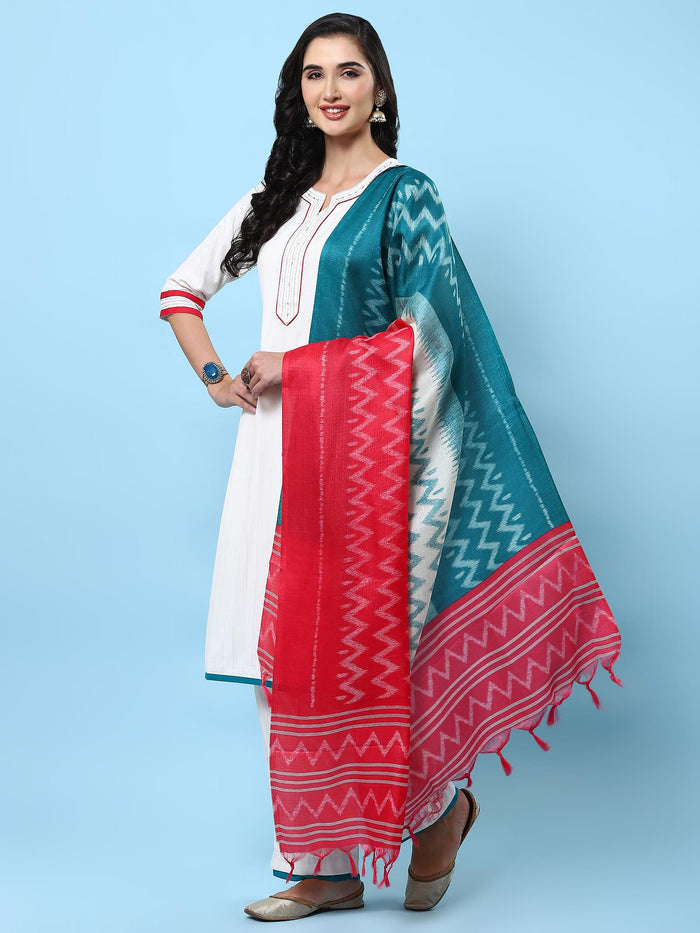 Women White Solid Kurta Comfort Pant Dupatta.