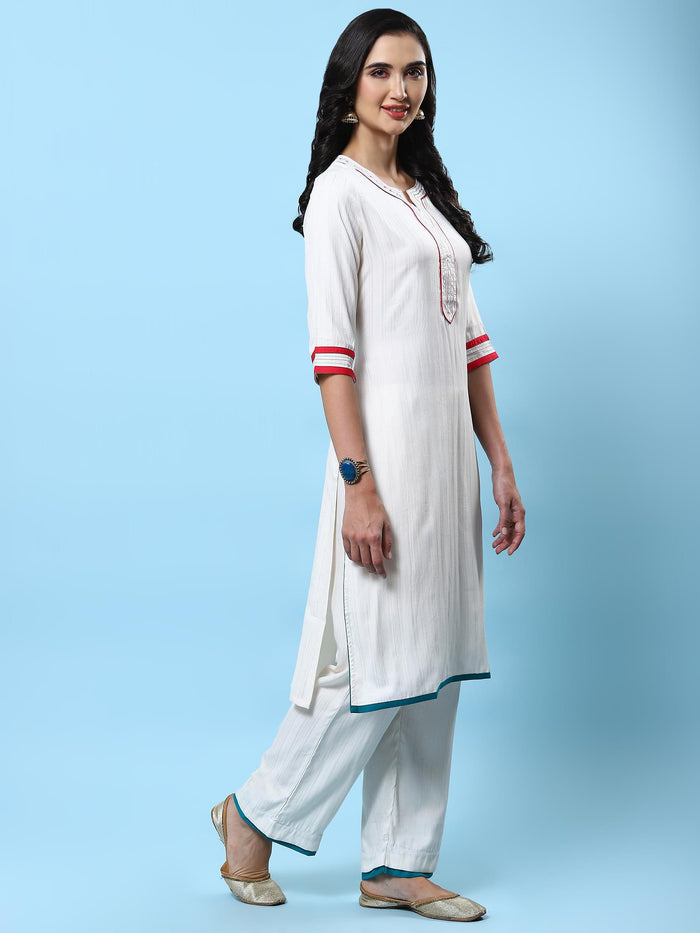Women White Solid Kurta Comfort Pant Dupatta.