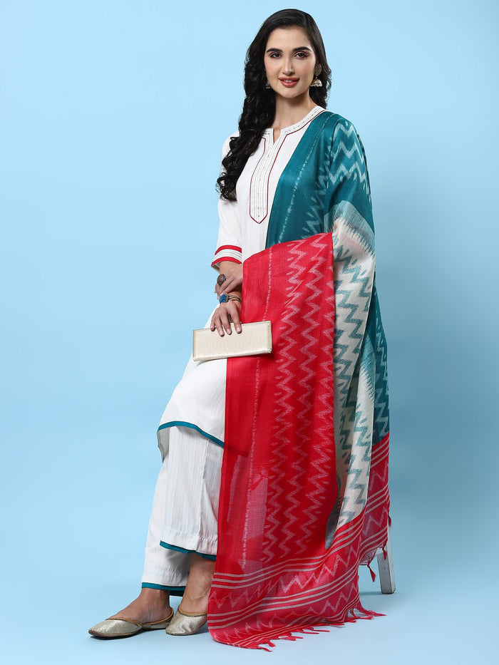 Women White Solid Kurta Comfort Pant Dupatta.