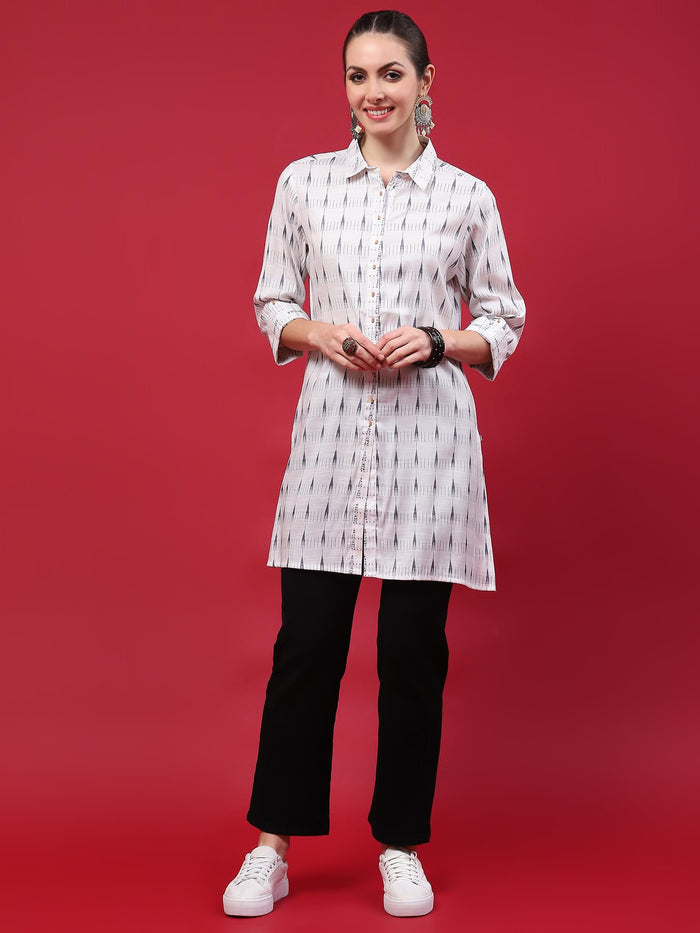 Women White Stripe Printed Kurti.