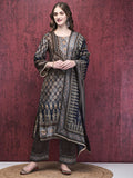 Women Winter Velvet Blue Multi Ajrakh Print Kurta Comfort Pant Dupatta.
