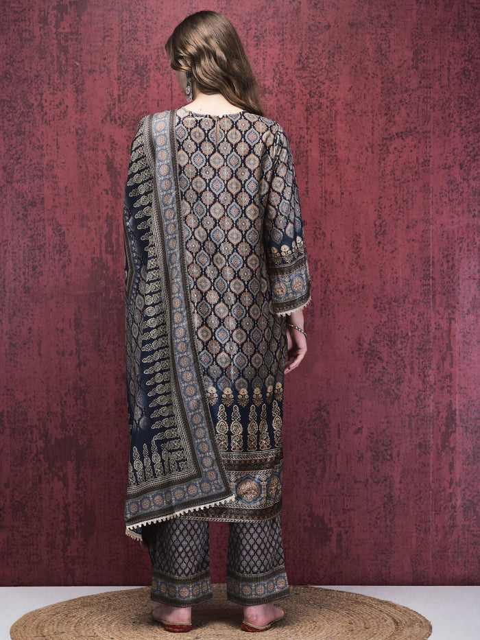 Women Winter Velvet Blue Multi Ajrakh Print Kurta Comfort Pant Dupatta.
