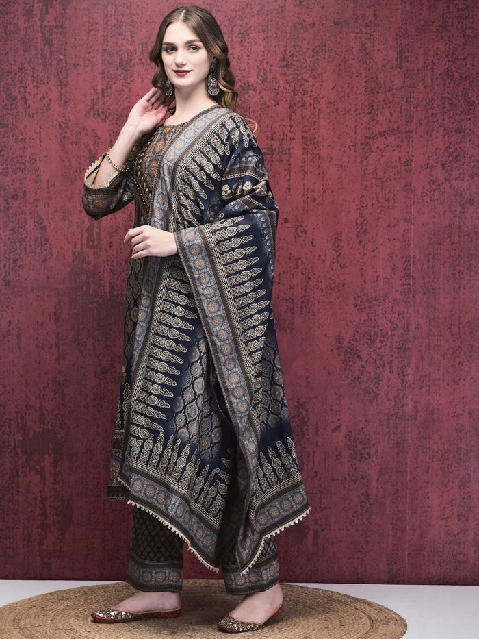 Women Winter Velvet Blue Multi Ajrakh Print Kurta Comfort Pant Dupatta.