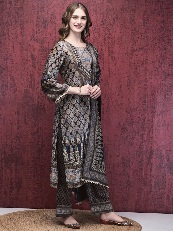 Women Winter Velvet Blue Multi Ajrakh Print Kurta Comfort Pant Dupatta.
