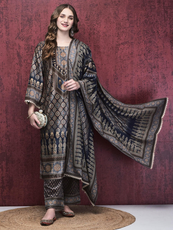 Women Winter Velvet Blue Multi Ajrakh Print Kurta Comfort Pant Dupatta.