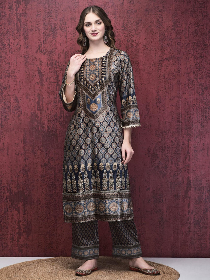 Women Winter Velvet Blue Multi Ajrakh Print Kurta Comfort Pant Dupatta.