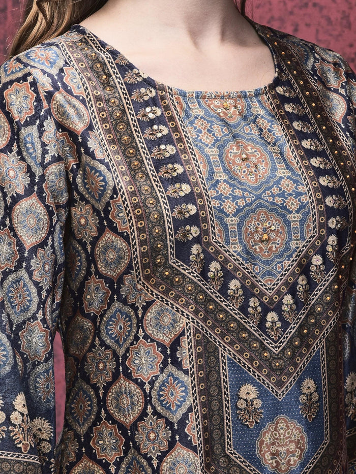 Women Winter Velvet Blue Multi Ajrakh Print Kurta Comfort Pant Dupatta.