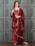 Women Winter Velvet Pink Embroidered Kurta Wide Leg Pant Dupatta.