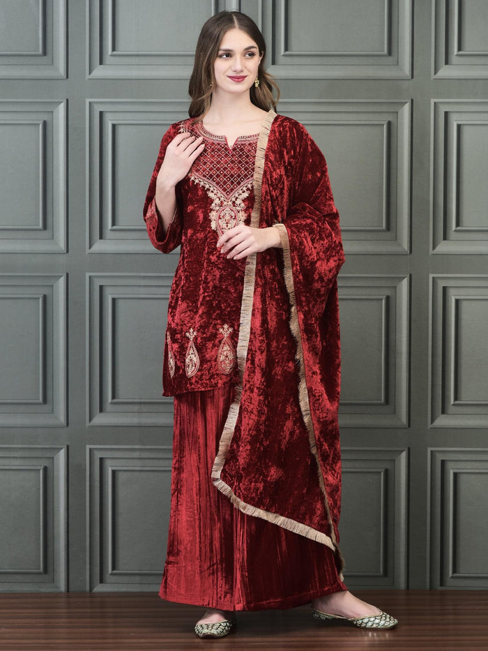 Women Winter Velvet Pink Embroidered Kurta Wide Leg Pant Dupatta.