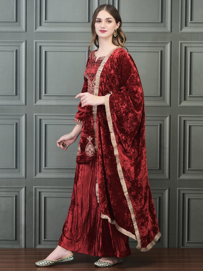 Women Winter Velvet Pink Embroidered Kurta Wide Leg Pant Dupatta.