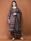 Women Winter Velvet Rust Ajrakh Print Kurta Comfort Pant Dupatta.