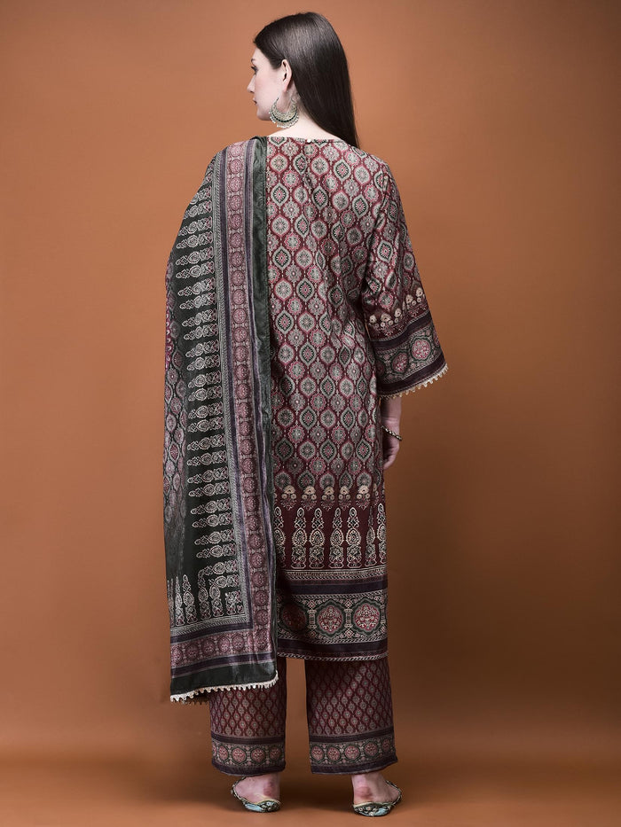 Women Winter Velvet Rust Ajrakh Print Kurta Comfort Pant Dupatta.