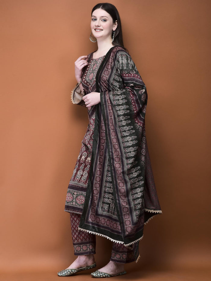 Women Winter Velvet Rust Ajrakh Print Kurta Comfort Pant Dupatta.