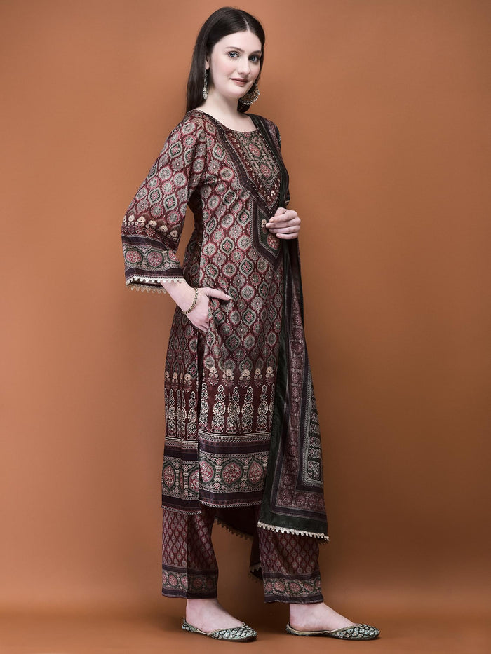 Women Winter Velvet Rust Ajrakh Print Kurta Comfort Pant Dupatta.