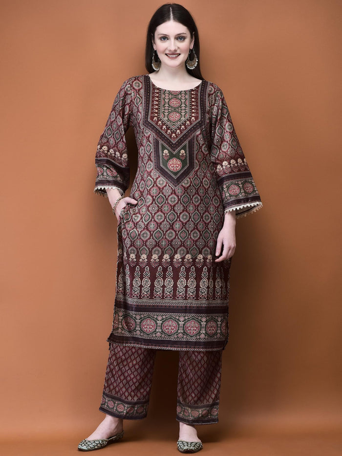 Women Winter Velvet Rust Ajrakh Print Kurta Comfort Pant Dupatta.