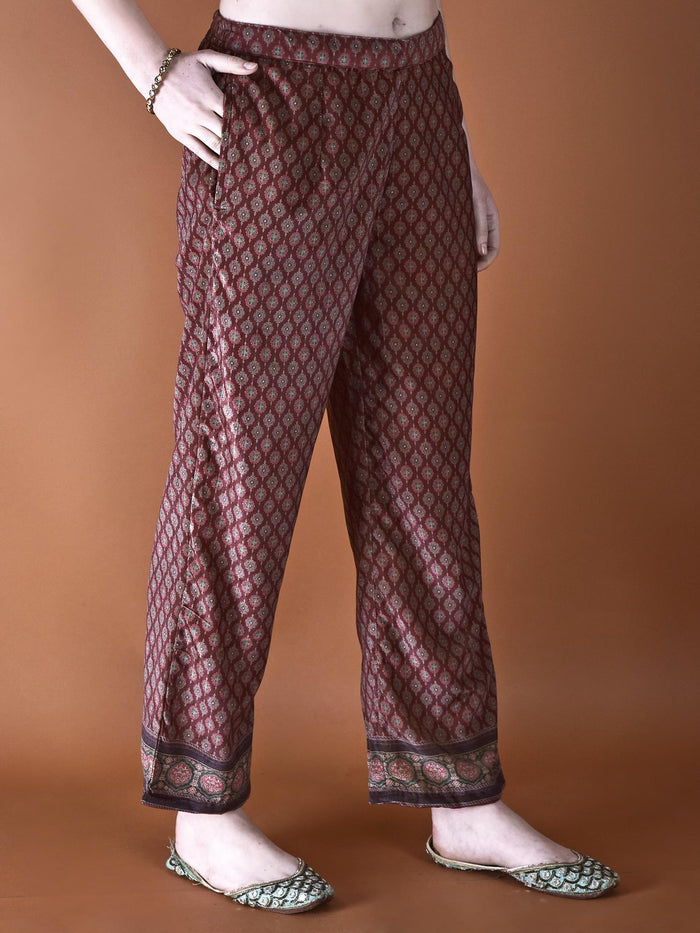 Women Winter Velvet Rust Ajrakh Print Kurta Comfort Pant Dupatta.