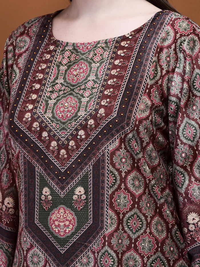 Women Winter Velvet Rust Ajrakh Print Kurta Comfort Pant Dupatta.