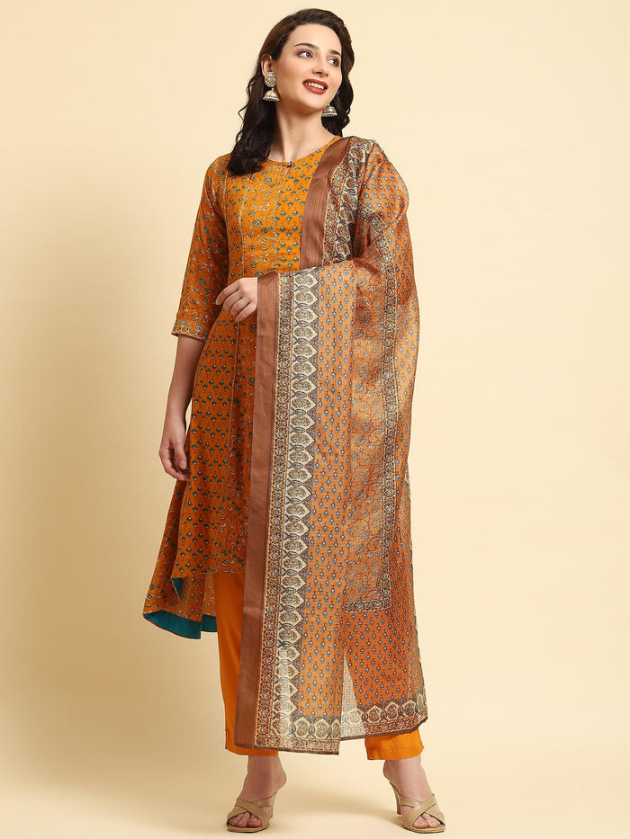 Women Yellow A-line Printed Kurta Trouser Dupatta.